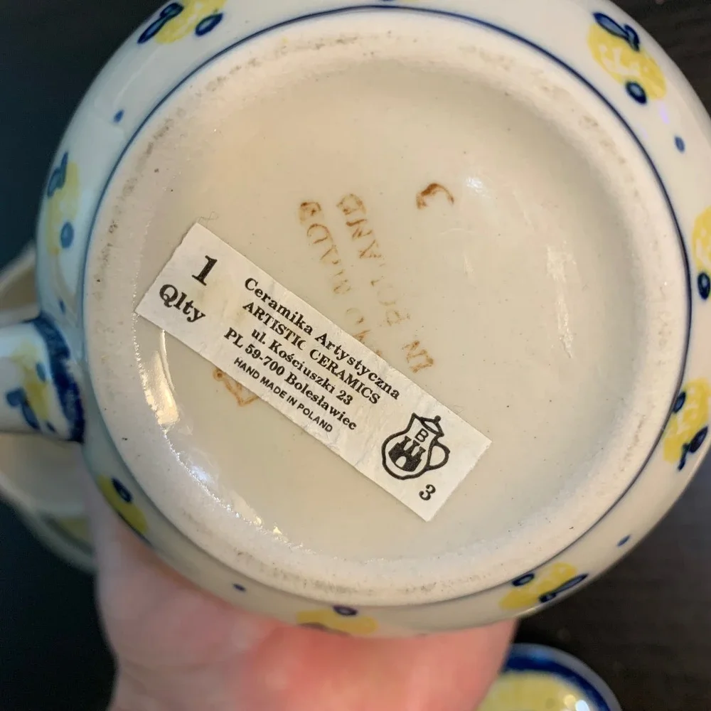 Ceramika Artystyczna Polish Pottery Tea Set Teapot Cup Saucer Yellow Blue READ